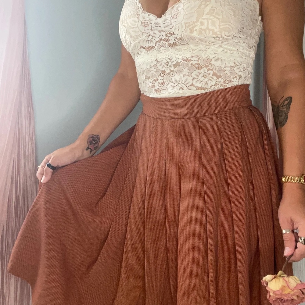 Vintage Pleated Skirt Houndstooth Burnt Orange Brown - Picture 3 of 5